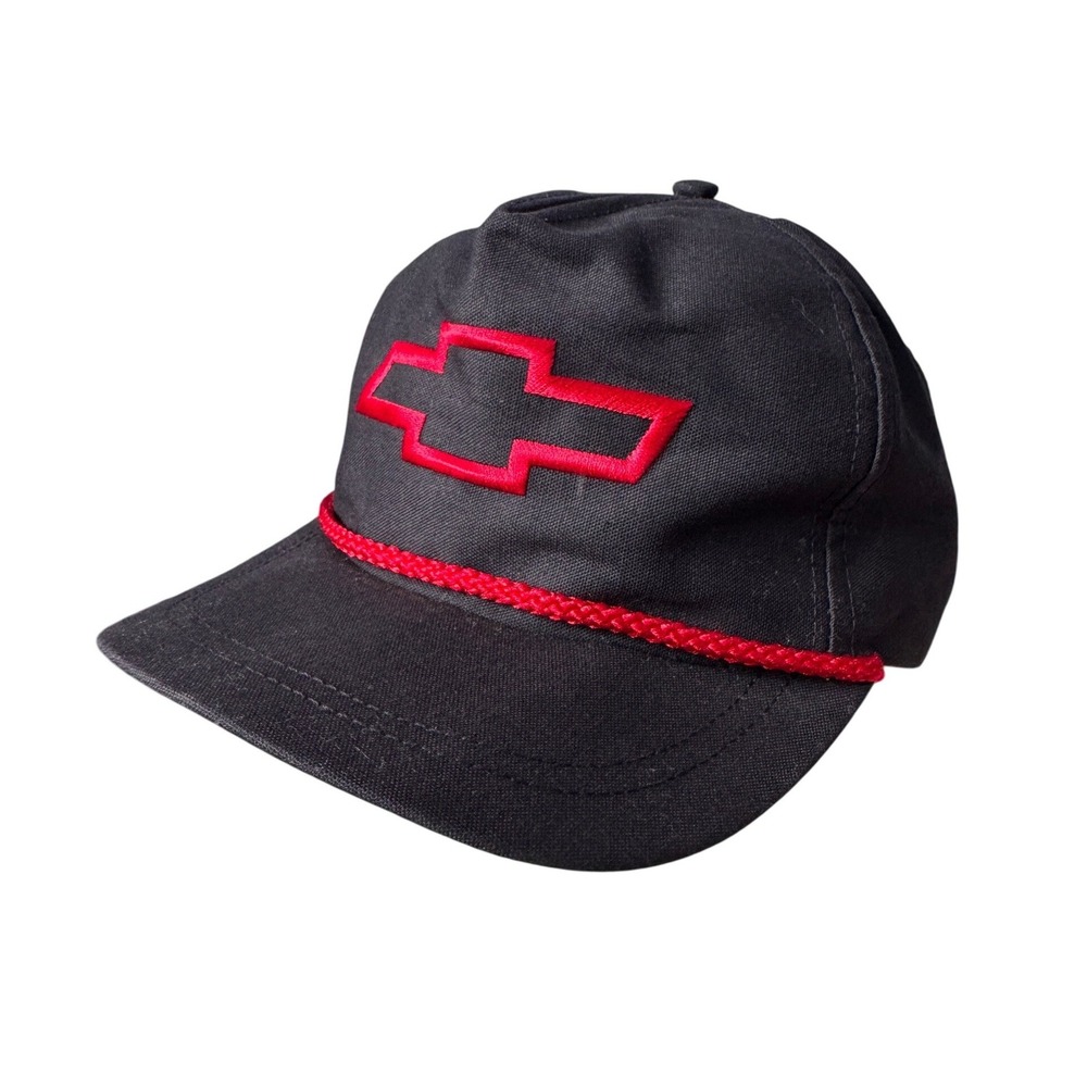 Chevrolet‎ Bowtie Logo Black Snapback Trucker Hat Red Rope Detail Vintage 90s